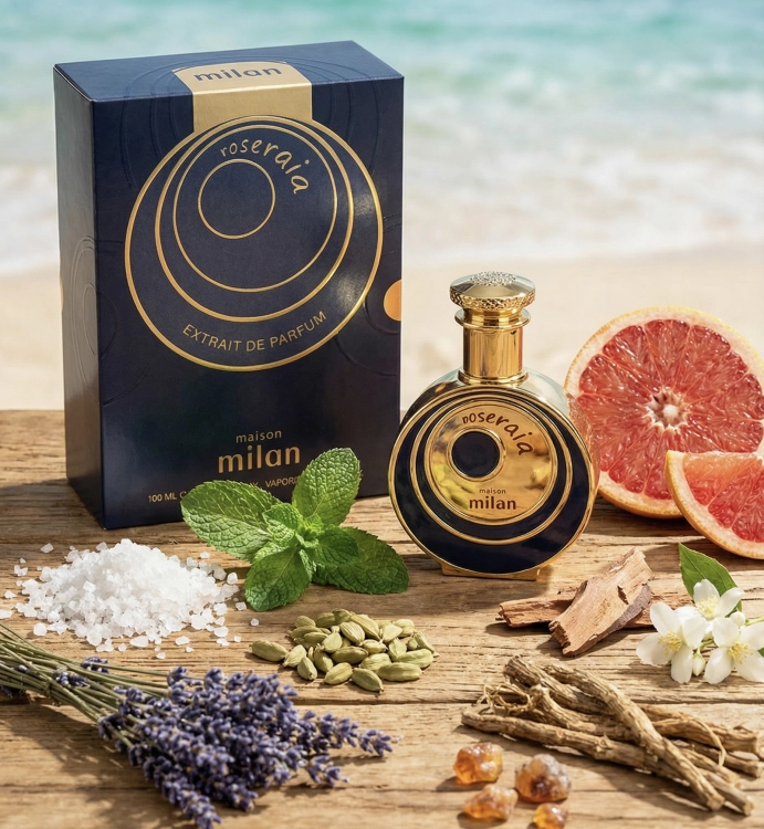 Generated with Kive.ai - This is a product photo of a perfume. The fragrance notes are Sea Salt_ Mint_ Grapefruit_Cardamom_ Lavender_ Jasmine_Cedarwood_ Vetiver_ Musk (1).jpeg